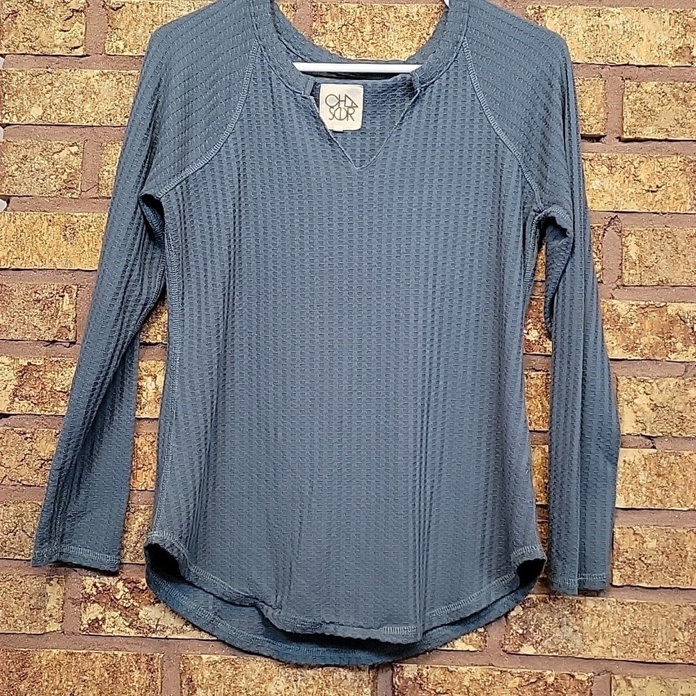 Chaser Textured Waffle Knit Blue Green Long Sleeve Top Size Small Casual Stretch